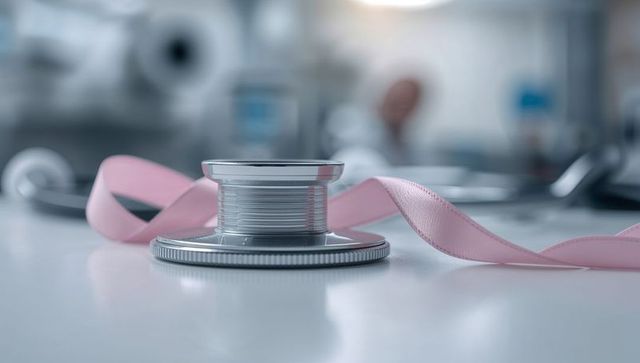 Stethoscope with Pink Ribbon on Clinical Desk Symbolizing Healthcare Awareness