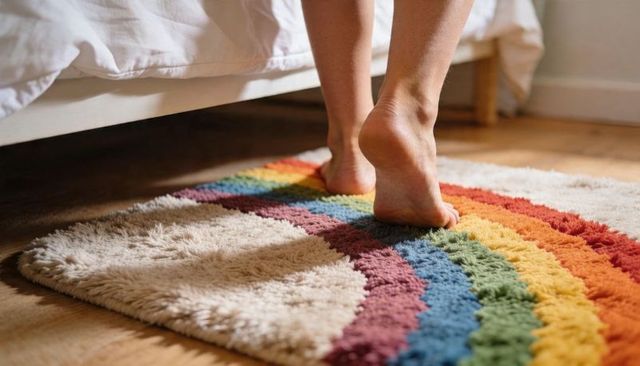 Bare feet stepping onto rainbow shag rug beside bed, sunlit wood floor morning comfort