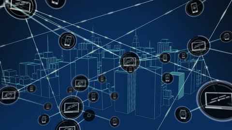 Futuristic Network Animation Over Digital Cityscape