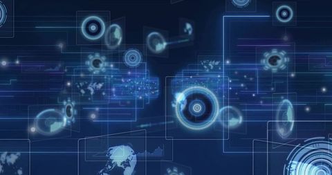 Futuristic digital interface with circular elements and network lines