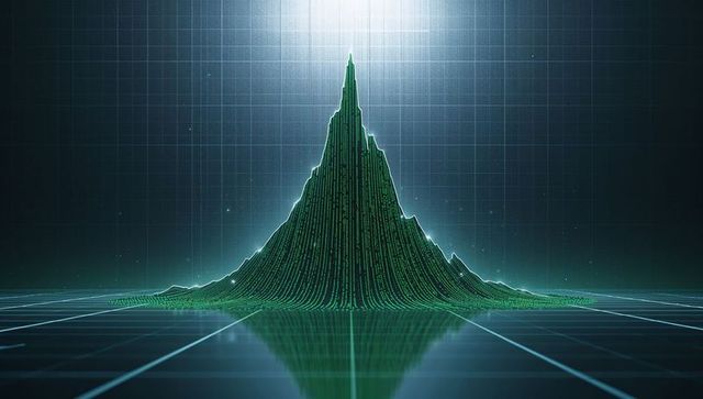 Rising neon data peak visualizing vertical code streams reflective grid futuristic halo