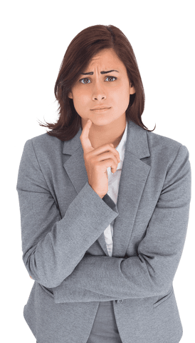 Worried businesswoman contemplating transparent background