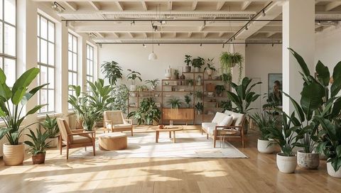 Sunlit loft living room basking in plants with midcentury sofa and wooden chairs