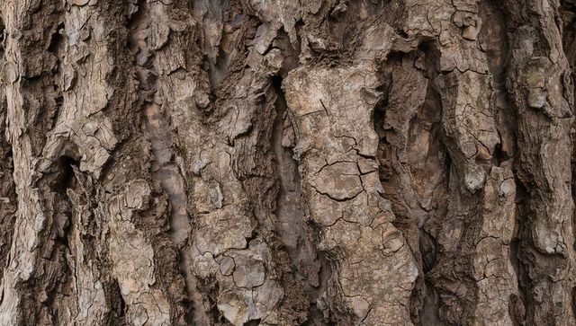 Showing aged oak bark revealing deep vertical furrows, cracked plates and woodgrain texture