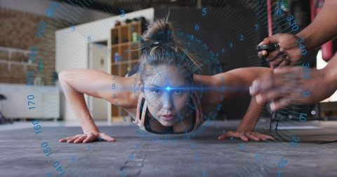 Female athlete performing push-ups with stopwatch hud overlay emphasizing biometric focus