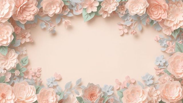Peach paper flower border featuring layered roses and peonies for elegant stationery