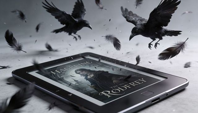 E-reader showing gothic fantasy cover with cloaked woman and circling ravens