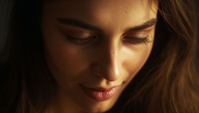 Cinematic low-light closeup of smiling adult woman with freckles lowering her gaze