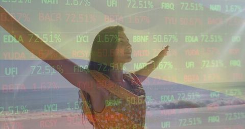 Serene Woman on Beach with Financial Data Overlay