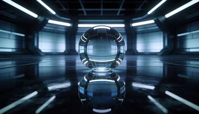 Reflecting crystal orb creating symmetric inverted chamber reflections in futuristic lab
