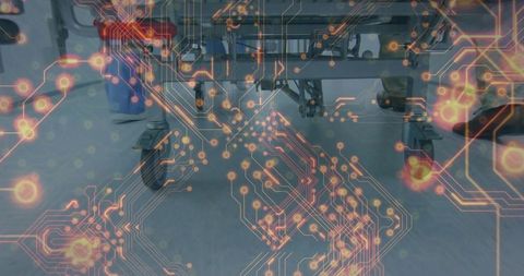 Rolling hospital gurney with digital circuitry overlay representing smart healthcare