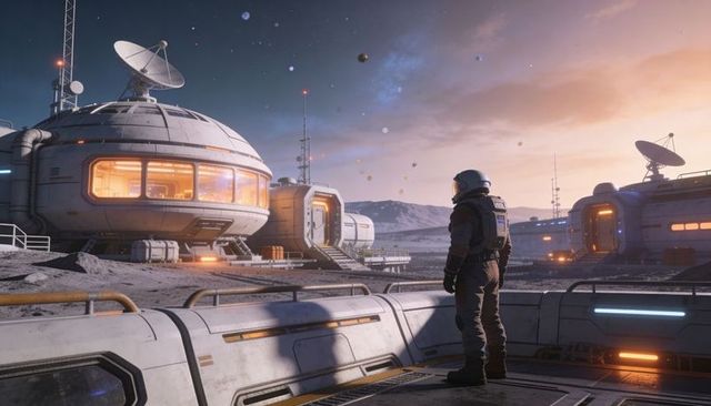 Astronaut surveying futuristic lunar outpost with domes, antennas and lit windows at dawn