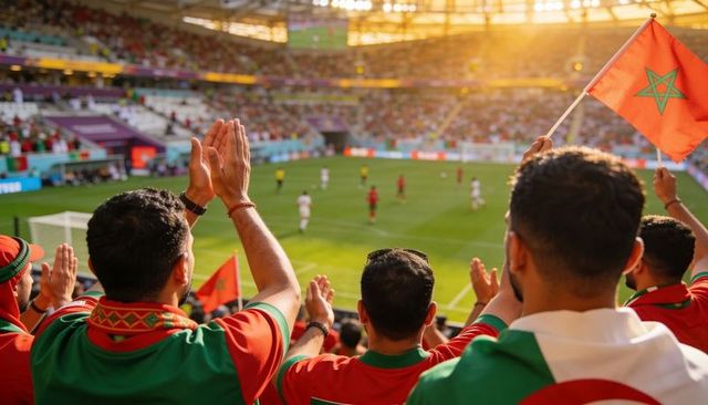 Moroccan football fans cheering and waving flags in sunlit stadium stands