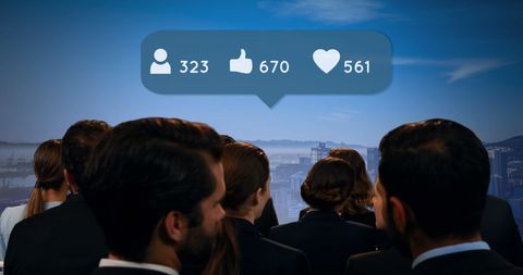 Business Professionals Engaging with Digital Interface Over Cityscape
