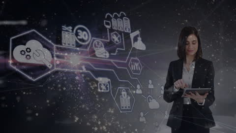 Businesswoman Analyzing Digital Network and Data Processing