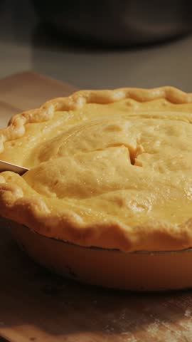 Vertical video cutting golden pie crust, revealing steaming filling for home baking content