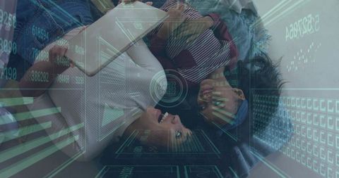 Mother and Daughter Sharing Tablet While Exploring Futuristic Augmented Reality Interface