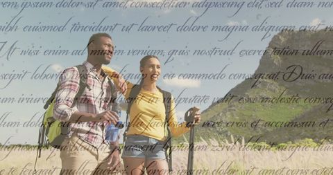 Happy Diverse Couple Hiking Outdoors with Independence Day Theme
