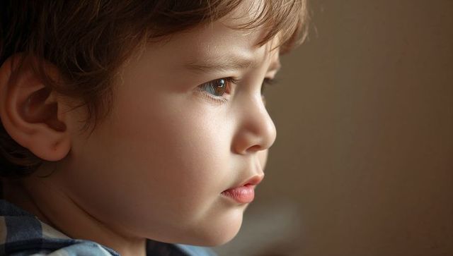 Gazing child profile catching soft window light, thoughtful portrait in blue-checked shirt