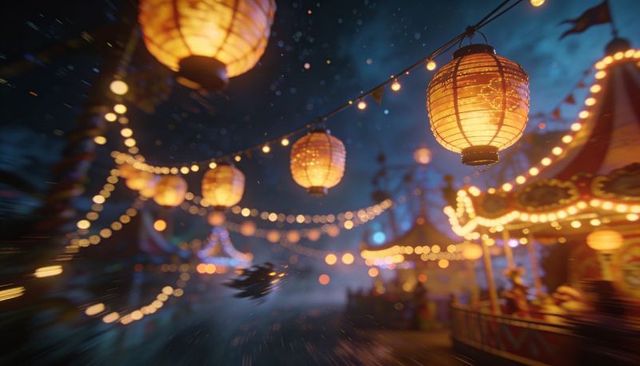 Glowing paper lanterns and carnival lights creating magical nighttime festival atmosphere