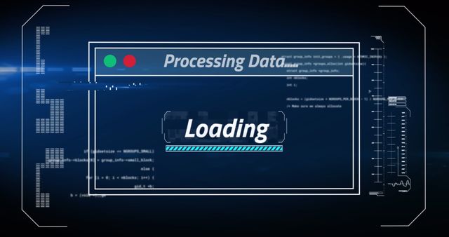 Loading screen visual showing data processing and code being executed. Suitable for use in technology presentations, software development tutorials, and cyber security training materials. Ideal for adding a futuristic touch to digital projects or for themes related to information technology and coding.