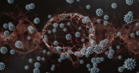 Virus particles and dna strand in scientific illustration