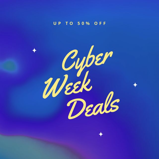 Colorful and eye-catching design ideal for advertising Cyber Week deals. Bold yellow text against a gradient blue background makes it perfect for social media posts, promotional emails, banners, and online advertisements. Use this to attract and inform customers about up to 50% off discounts.