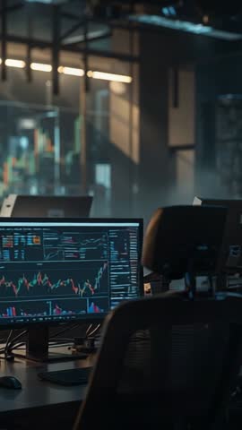 Vertical panning of dual-monitor trading desk showing live stock charts and analytics