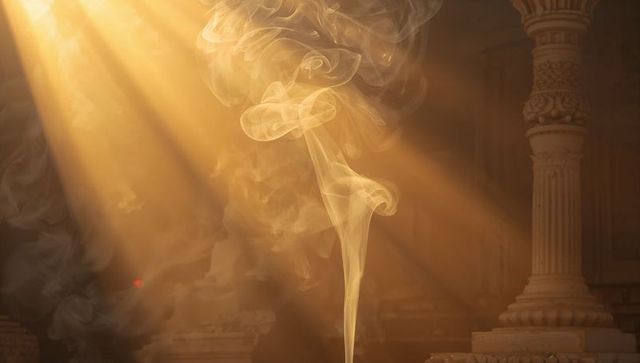 Rising incense smoke twisting in golden temple light with carved pillar and sacred haze