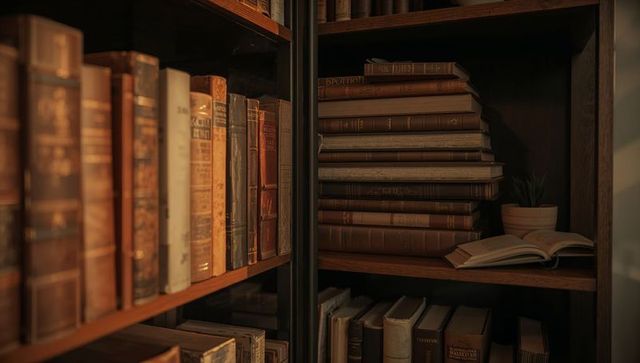 Displaying vintage leather-bound books on wooden bookshelf with open book and potted plant