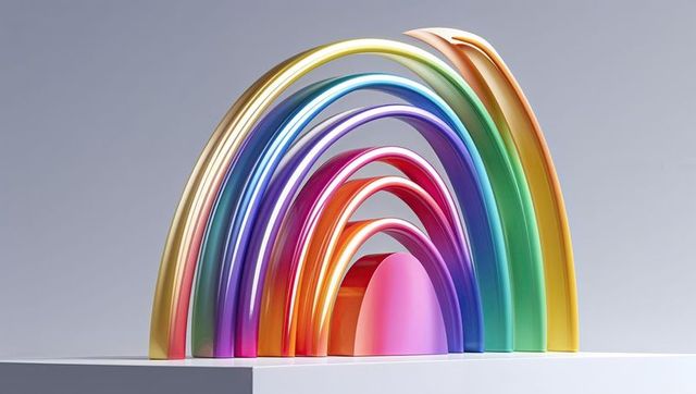 Colorful Metallic Rainbow Arches on Pedestal in Studio Gallery