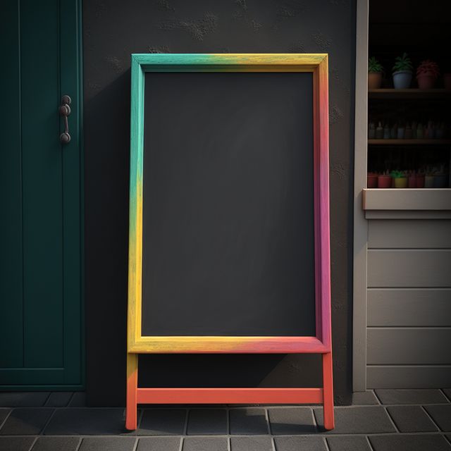 Colourful chalkboard, plants outside store and copy space, created using generative ai technology. Shopping and retail concept, digitally generated image.