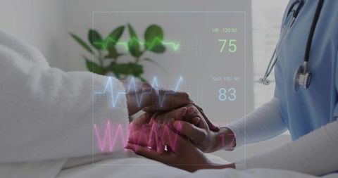 Nurse holding patient hands while monitoring holographic vital signs at bedside