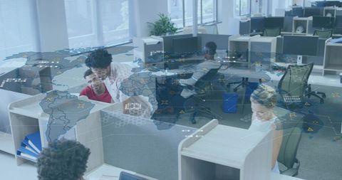 Open-Plan Office Team Collaborating with Holographic World Map and Data HUD Overlay