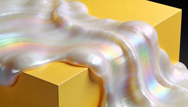 Pearlescent fabric draping over yellow geometric cube, iridescent pastel minimal