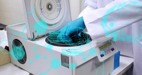 Scientist placing gloved hand in centrifuge with digital data overlay for automation