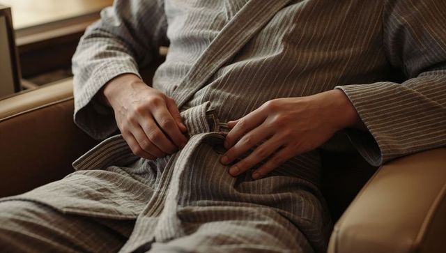 Male tying striped robe belt while relaxing in armchair, cozy textured loungewear close-up