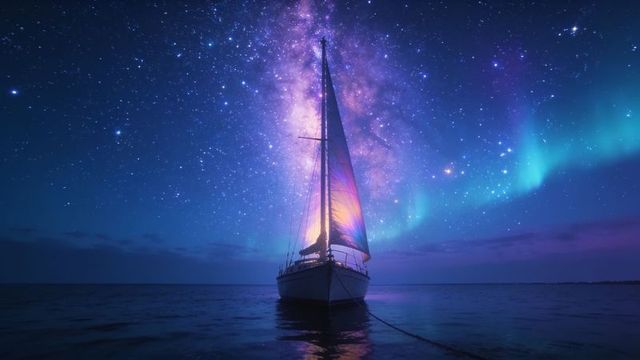 Sailboat floating under milky way with glowing sail and northern lights over calm sea