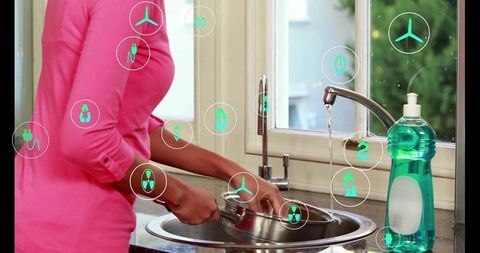 Eco-Friendly Kitchen: Woman Washing Dishes with Sustainability Icons