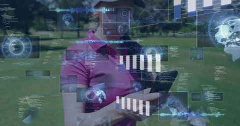 Woman holding smartphone interacting with holographic ar interface over park greenscape