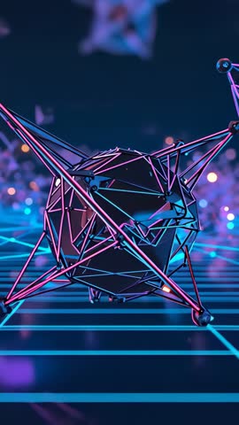 Rotating Neon Polyhedron on Fading Grid Loop, Futuristic Holographic Geometry Animation