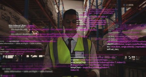 Warehouse worker scanning inventory with handheld scanner in hi-vis vest with purple glitch overlay