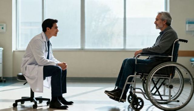 Doctor consulting senior patient in wheelchair during compassionate clinic consultation