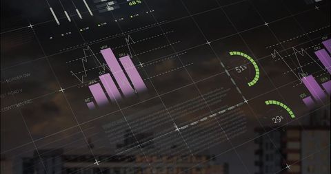 Futuristic digital dashboard overlaying urban skyline