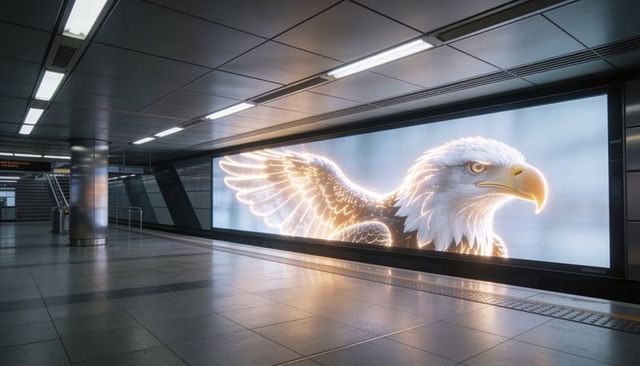 Glowing backlit bald eagle digital mural on modern underground transit platform wall