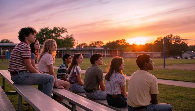 Teen friends watching sunset over school field from bleachers, golden hour campus scene