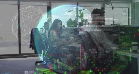 Diverse Team Analyzing Global Data with Digital Interfaces