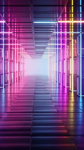 Vertical neon corridor tracking shot with pulsing LED tubes and reflective metallic tunnel