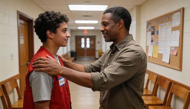 Community mentor encouraging teen volunteer in school hallway, giving support and guidance