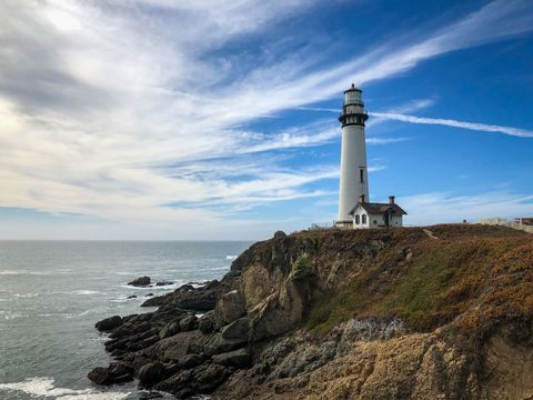 Scenic Coastal Lighthouse on Rocky Cliff under Blue Sky